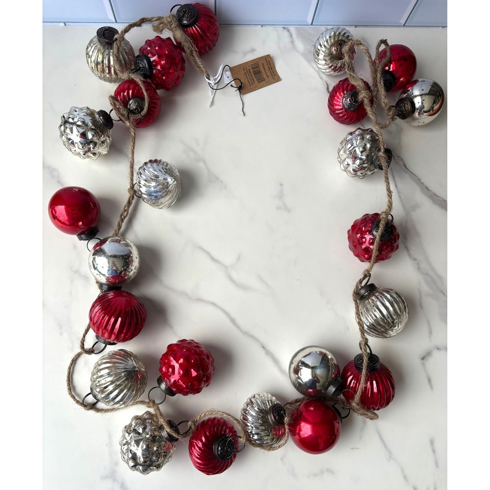 Creative‎ Co-Op 72" Mercury Glass Ornament Garland Red & Silver XM3256 NEW